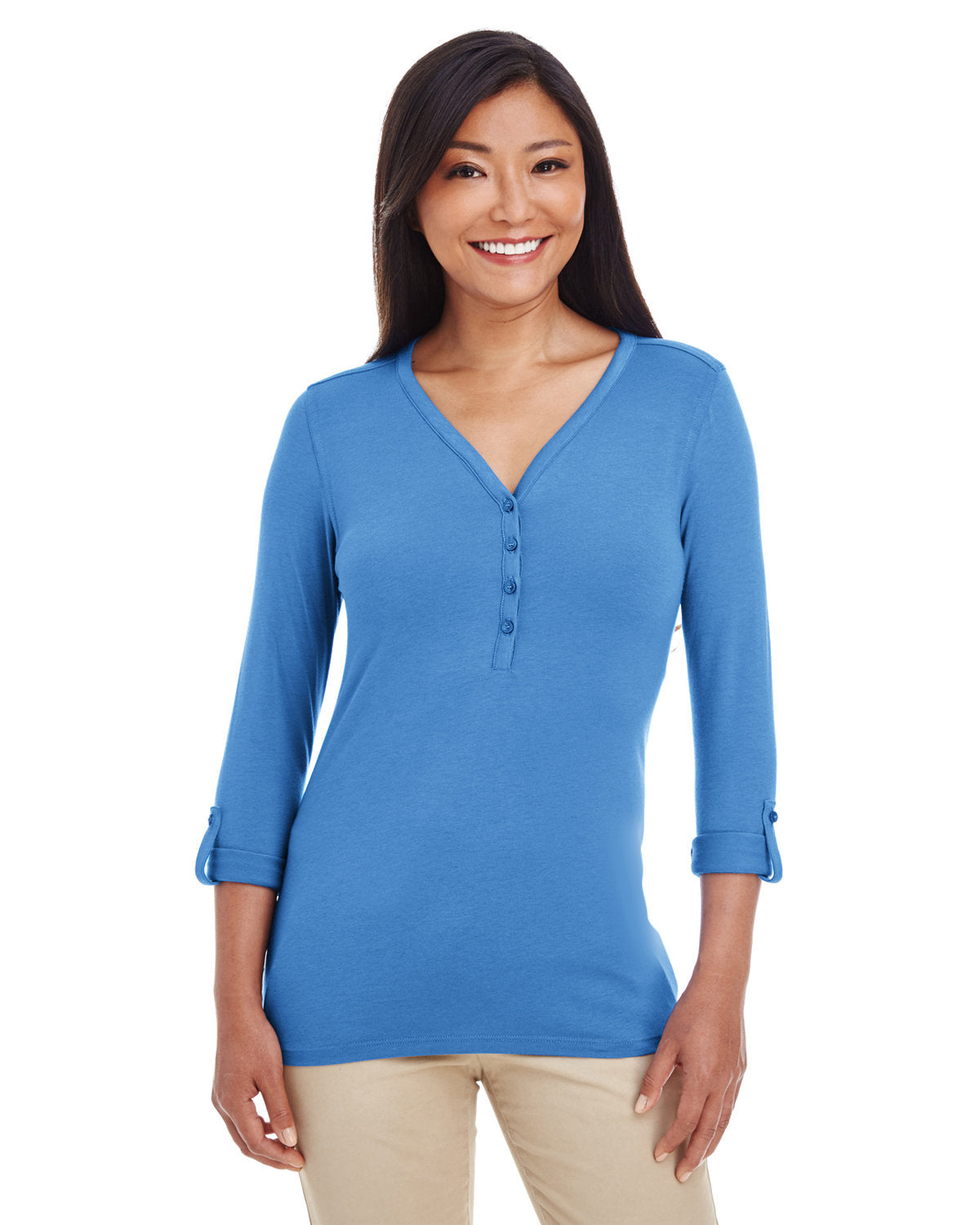 Devon & Jones Ladies' Perfect Fit™ Y-Placket Convertible Sleeve Knit Top Devon & Jones