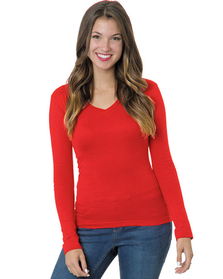 Bayside Junior's 4.2 oz., Fine Jersey Long-Sleeve V-Neck T-Shirt Bayside