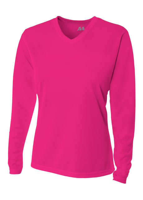 A4 Womens Long Sleeve V-Neck Bird's Eye Mesh Tee A4