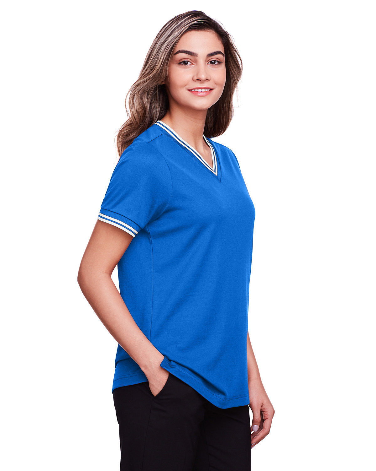 Devon & Jones Ladies' CrownLux Performance™ Plaited Tipped V-Neck Polo Devon & Jones