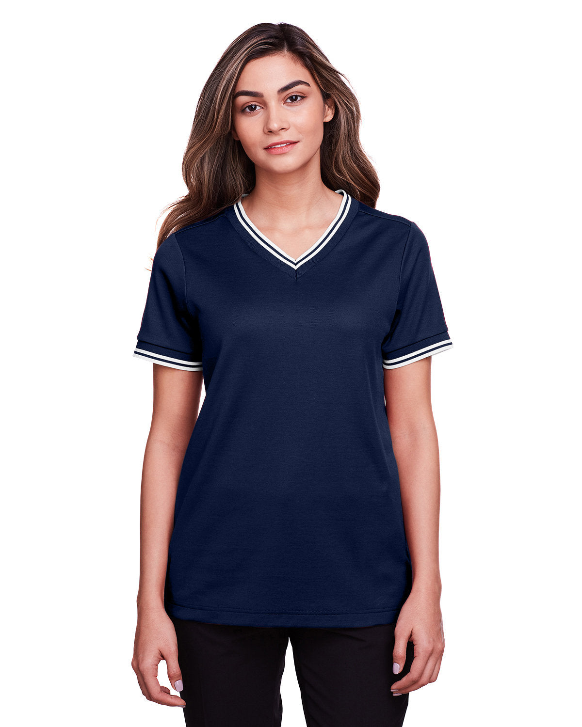 Devon & Jones Ladies' CrownLux Performance™ Plaited Tipped V-Neck Polo Devon & Jones