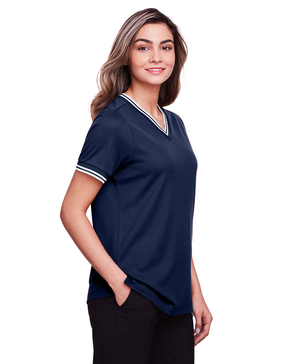 Devon & Jones Ladies' CrownLux Performance™ Plaited Tipped V-Neck Polo Devon & Jones