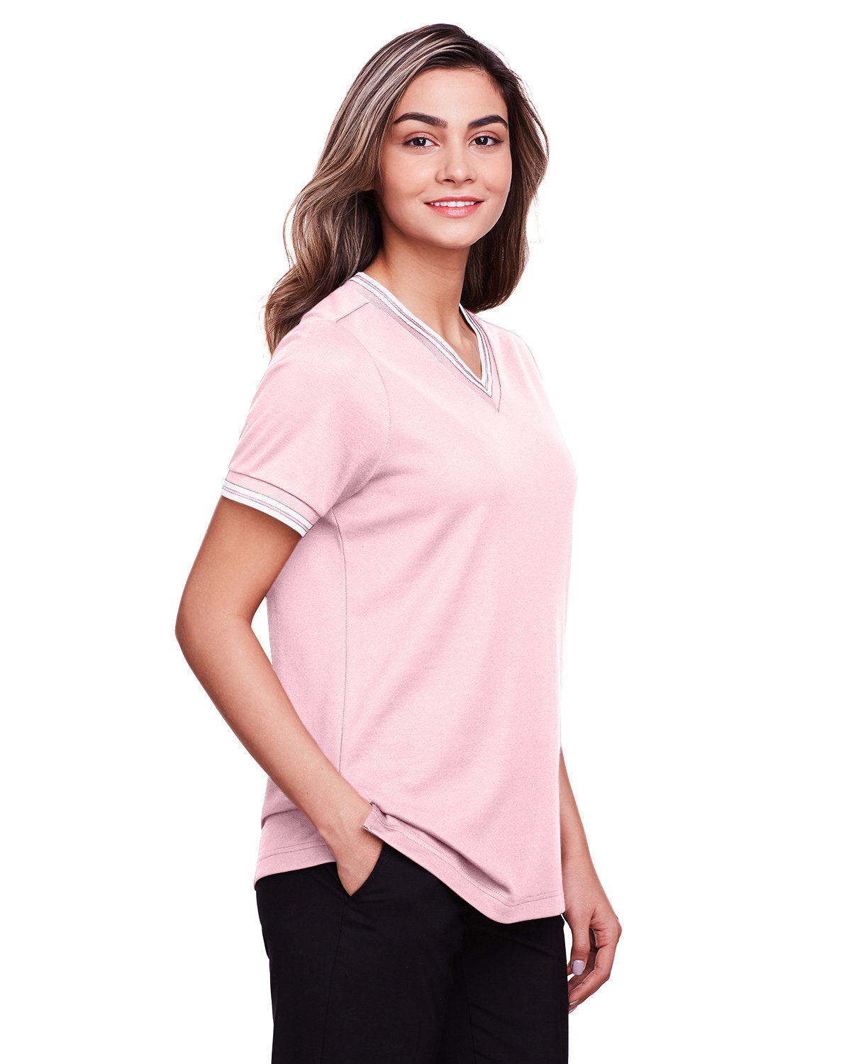 Devon & Jones Ladies' CrownLux Performance™ Plaited Tipped V-Neck Polo Devon & Jones
