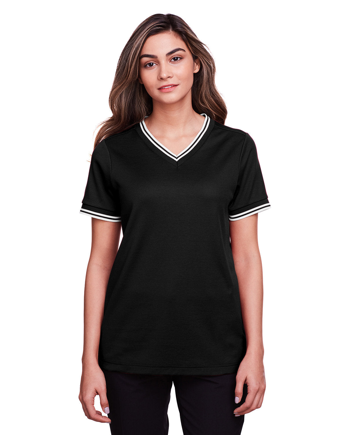 Devon & Jones Ladies' CrownLux Performance™ Plaited Tipped V-Neck Polo Devon & Jones