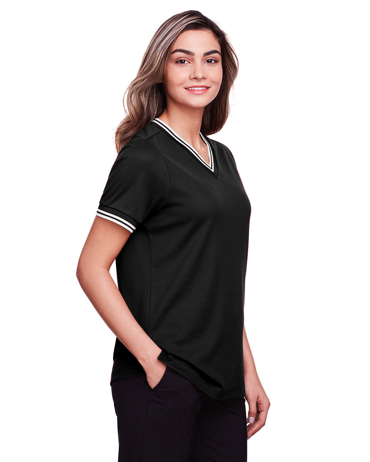 Devon & Jones Ladies' CrownLux Performance™ Plaited Tipped V-Neck Polo Devon & Jones