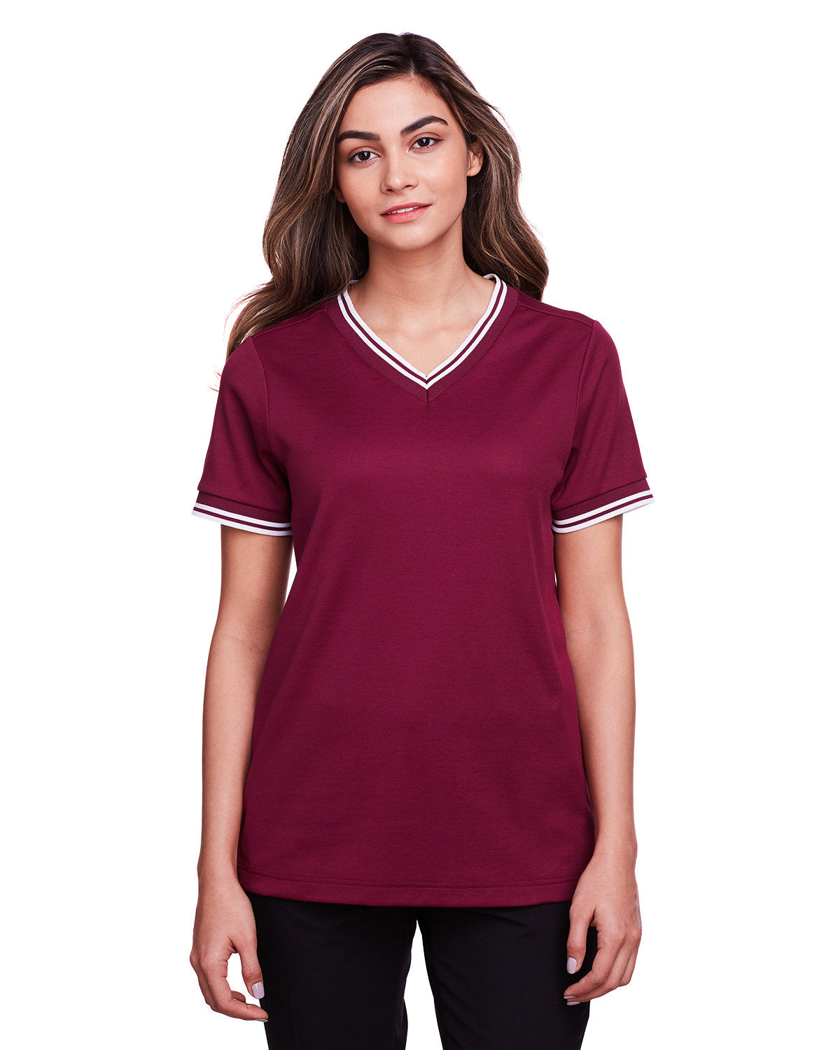 Devon & Jones Ladies' CrownLux Performance™ Plaited Tipped V-Neck Polo Devon & Jones