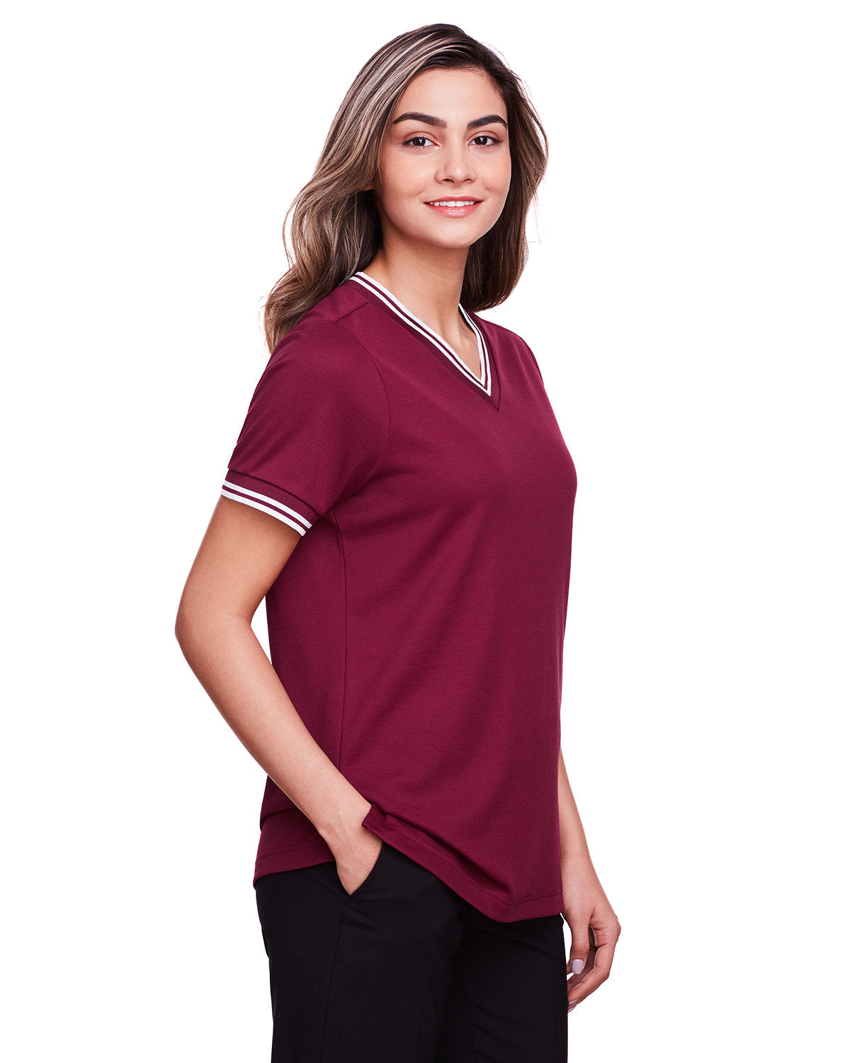 Devon & Jones Ladies' CrownLux Performance™ Plaited Tipped V-Neck Polo Devon & Jones