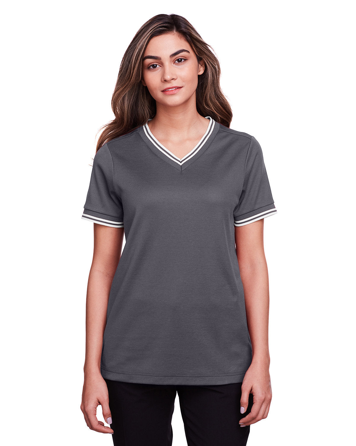 Devon & Jones Ladies' CrownLux Performance™ Plaited Tipped V-Neck Polo Devon & Jones