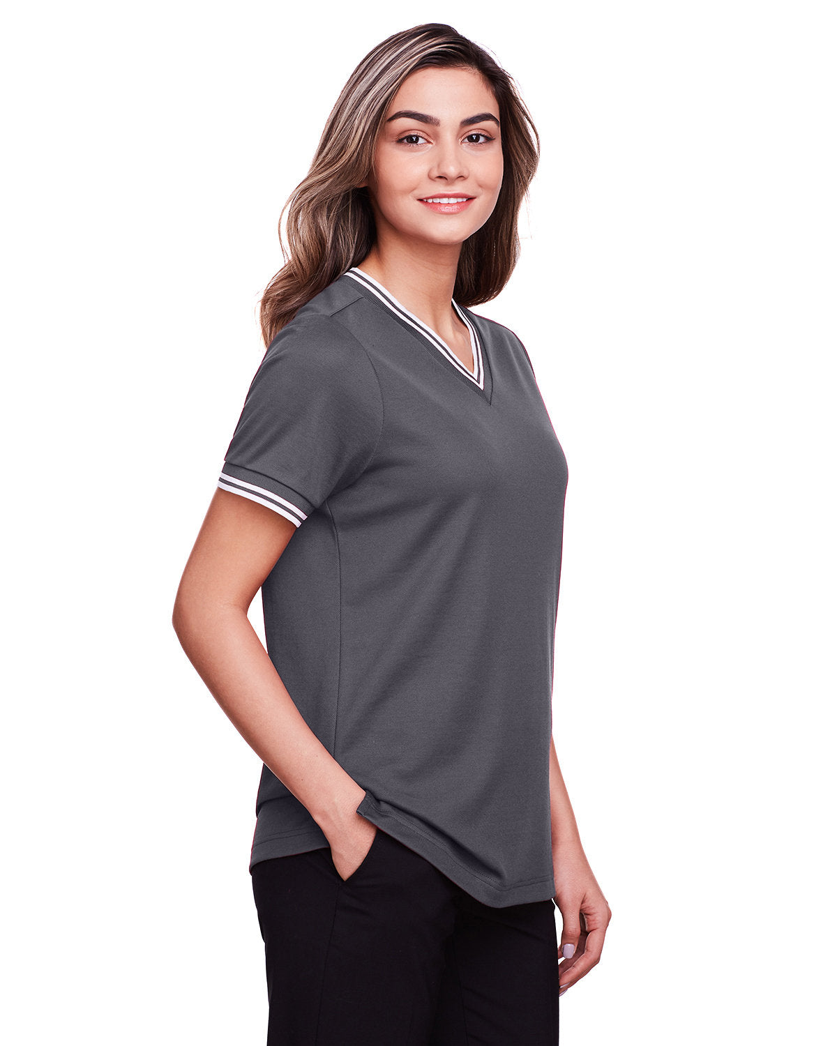 Devon & Jones Ladies' CrownLux Performance™ Plaited Tipped V-Neck Polo Devon & Jones