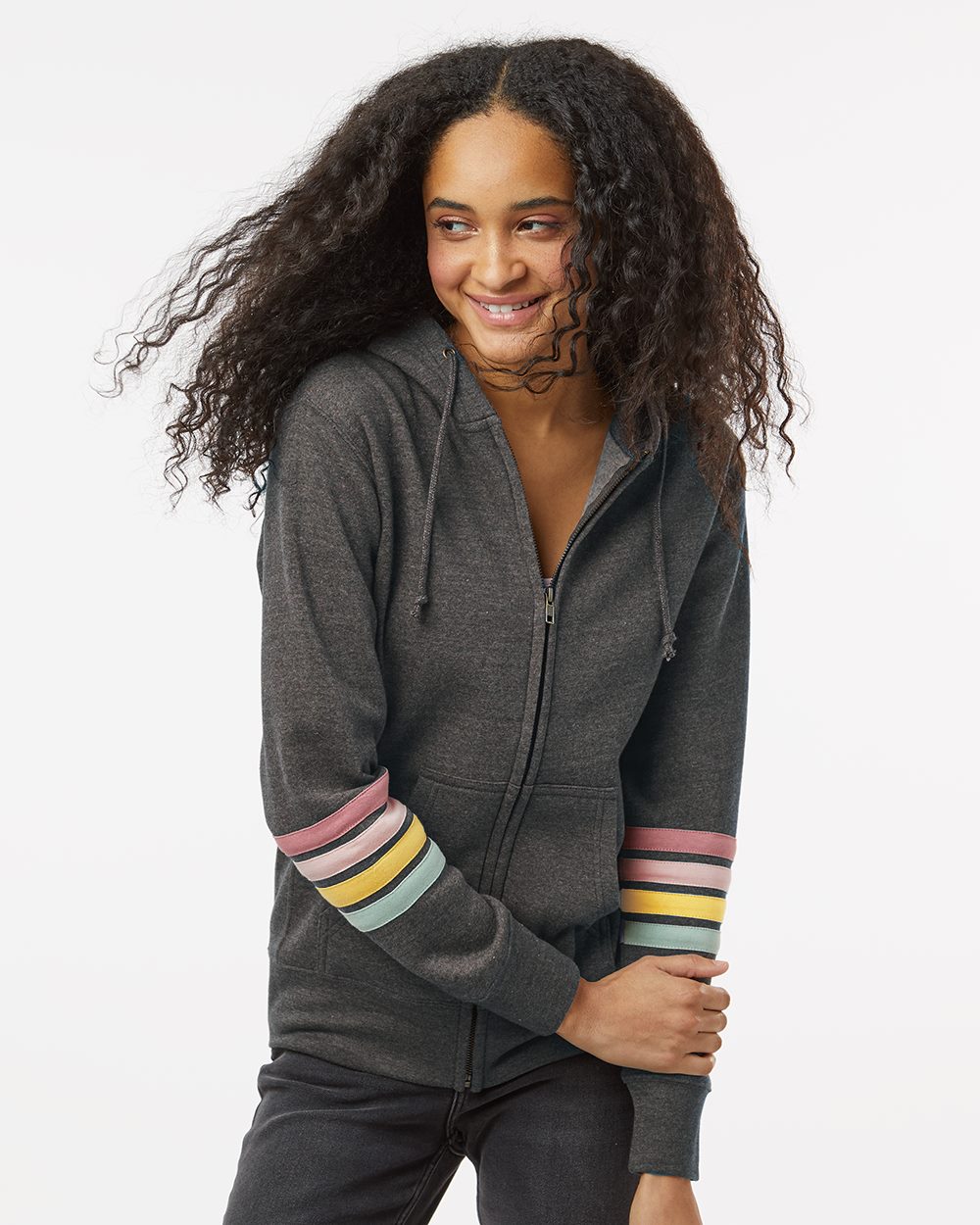 MV Sport Women's Striped Sleeves Full-Zip Hooded Sweatshirt