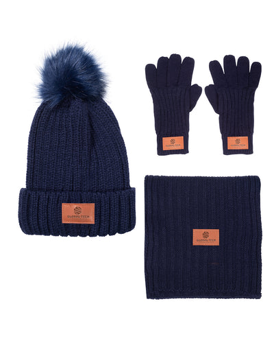 Leeman Three-Piece Rib Knit Fur Pom Winter Set