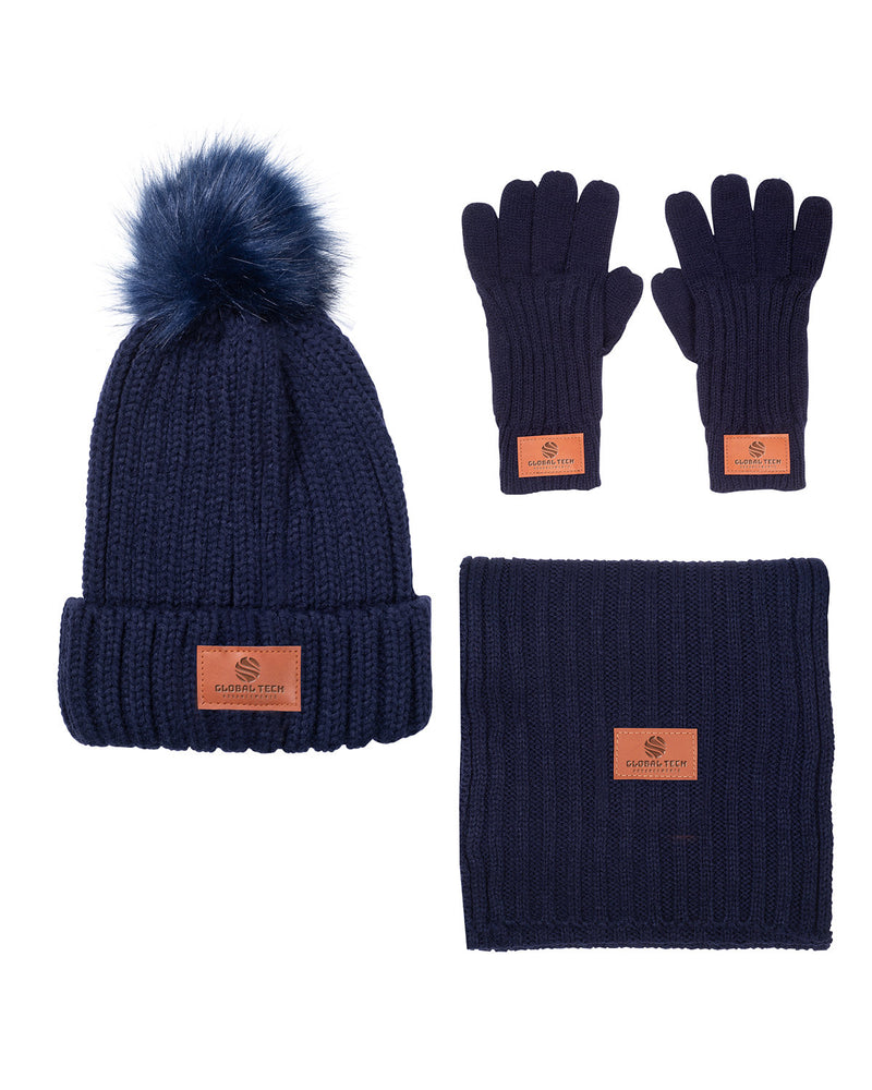 Leeman Three-Piece Rib Knit Fur Pom Winter Set