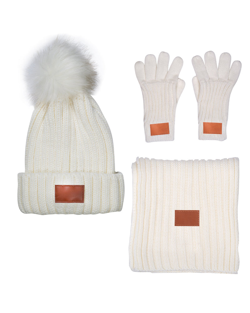 Leeman Three-Piece Rib Knit Fur Pom Winter Set