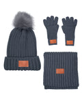 Leeman Three-Piece Rib Knit Fur Pom Winter Set Leeman