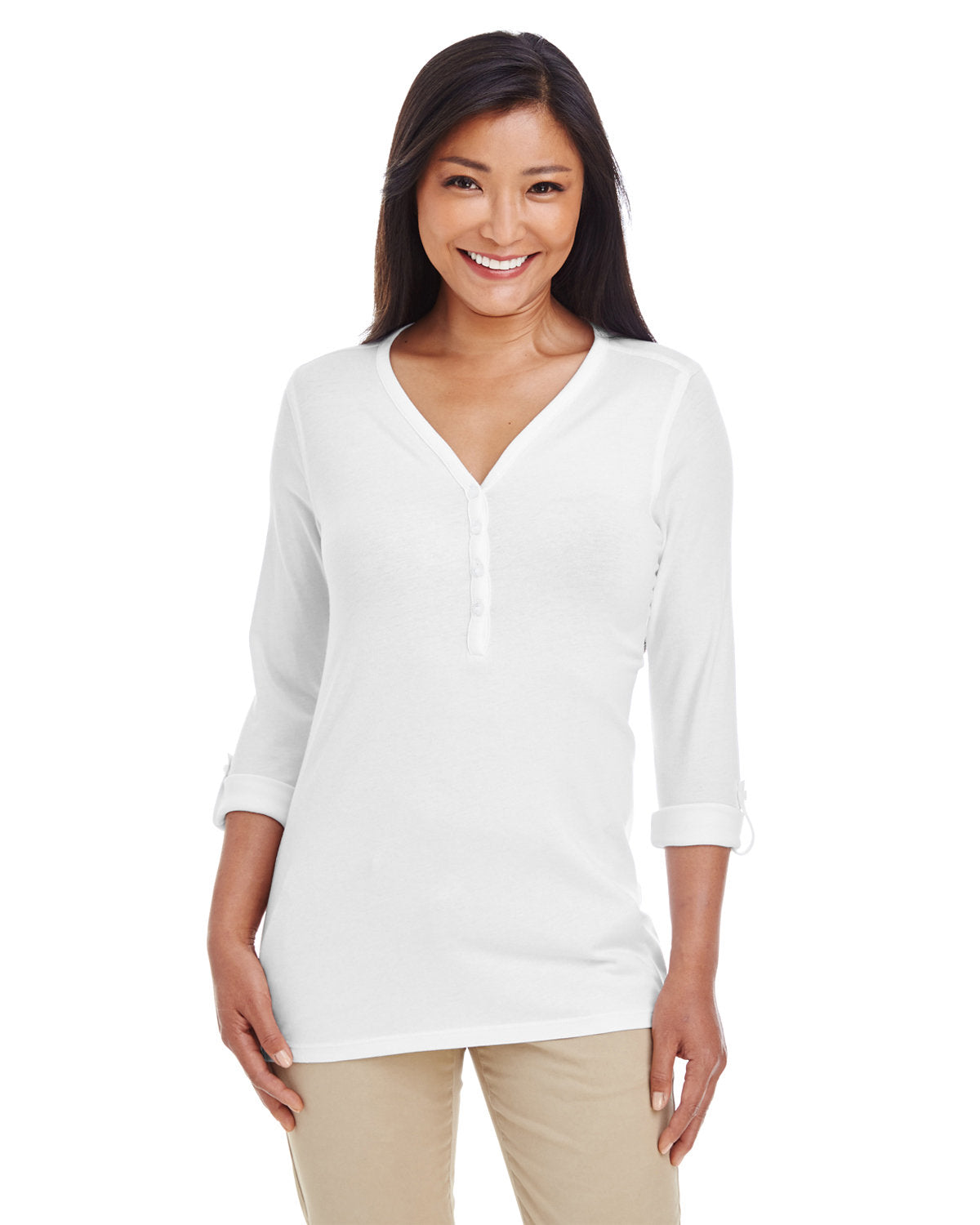 Devon & Jones Ladies' Perfect Fit™ Y-Placket Convertible Sleeve Knit Top Devon & Jones