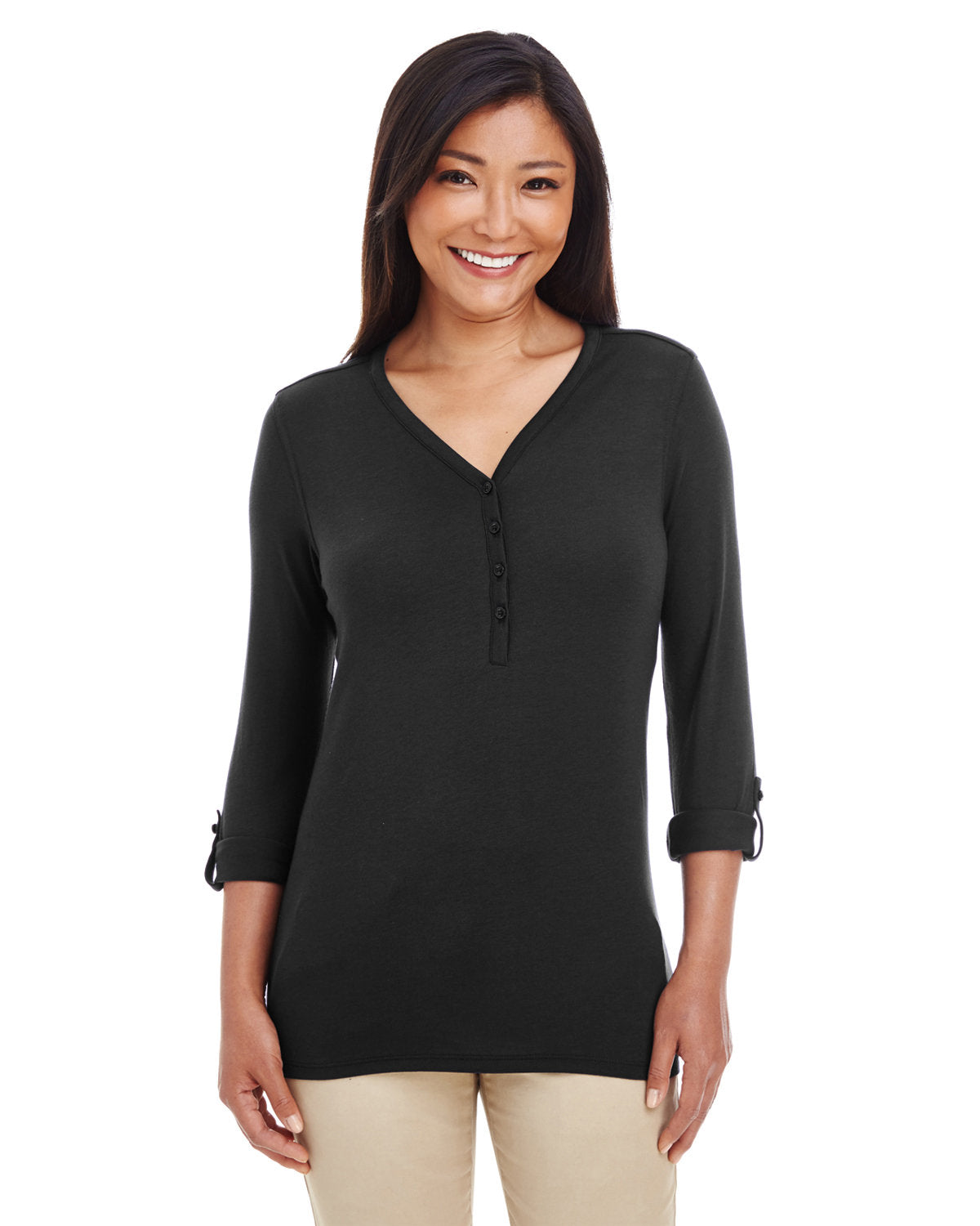 Devon & Jones Ladies' Perfect Fit™ Y-Placket Convertible Sleeve Knit Top Devon & Jones