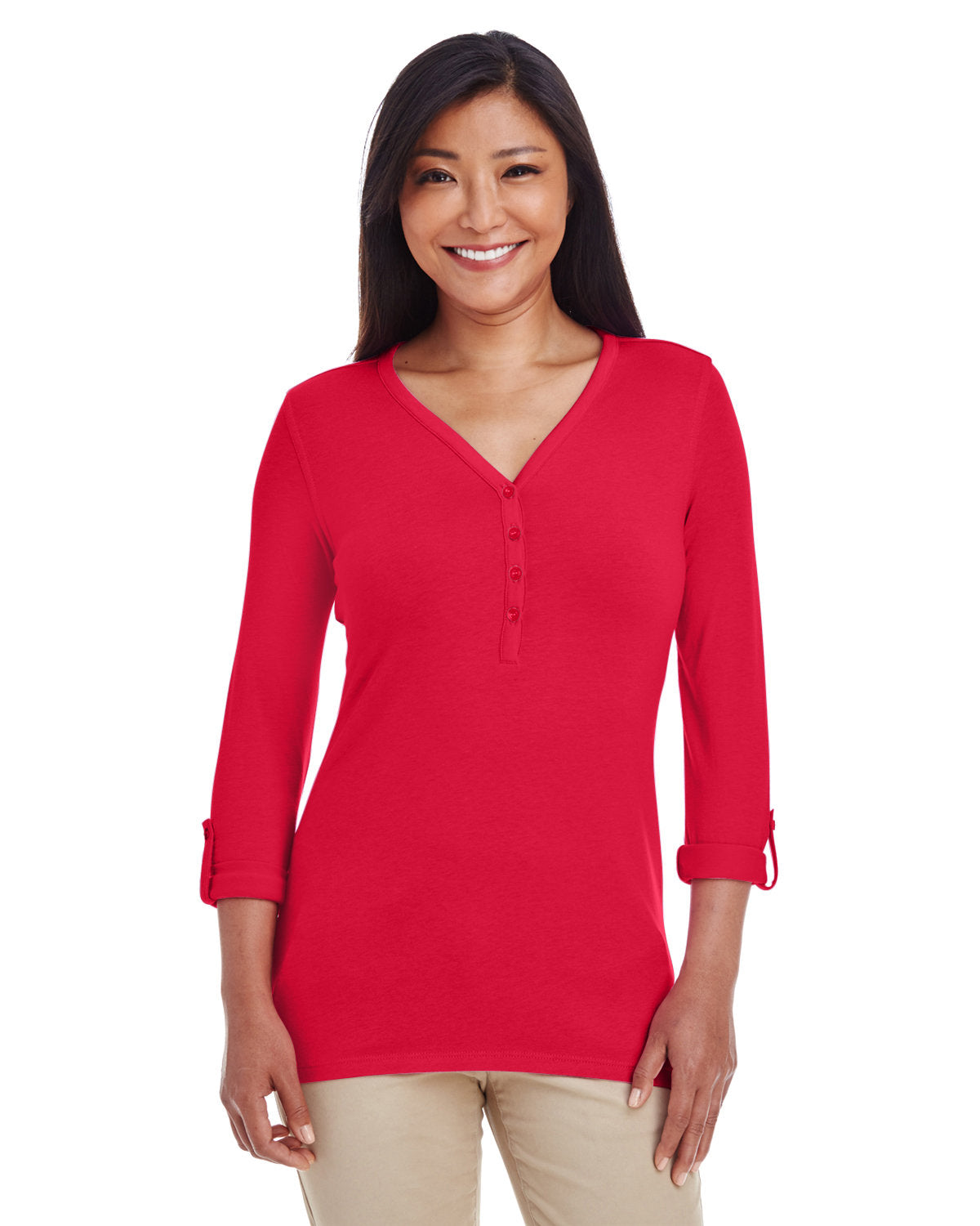 Devon & Jones Ladies' Perfect Fit™ Y-Placket Convertible Sleeve Knit Top Devon & Jones