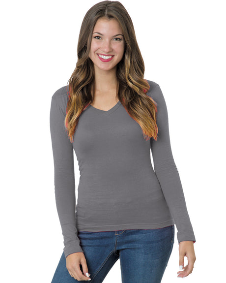 Bayside Junior's 4.2 oz., Fine Jersey Long-Sleeve V-Neck T-Shirt Bayside