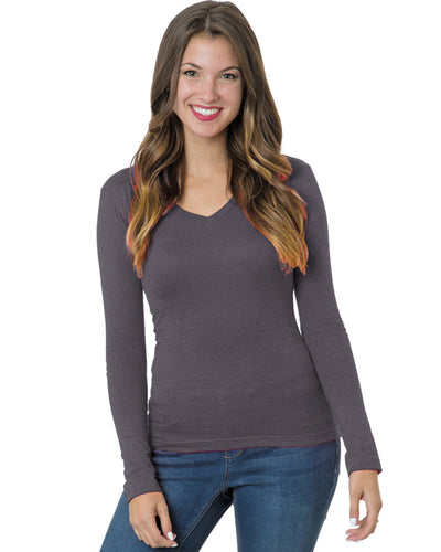 Bayside Junior's 4.2 oz., Fine Jersey Long-Sleeve V-Neck T-Shirt
