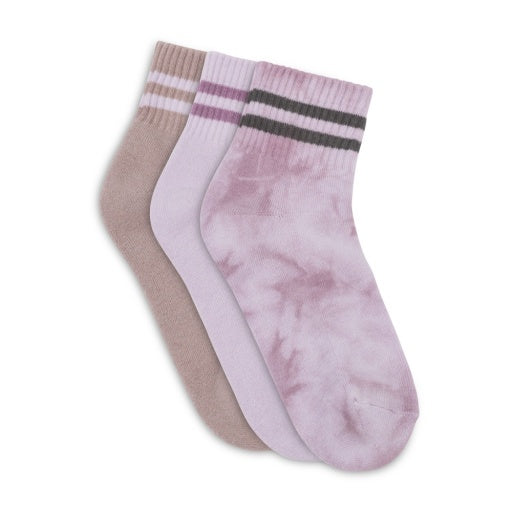 Lemon Women's 3 Pack 1/2 Terry Cotton Tie Dye With Stripe Quarter Crew Sock Lemon