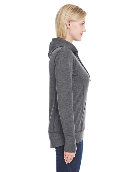 J America Ladies' Omega Stretch Snap-Placket Hooded Sweatshirt J America
