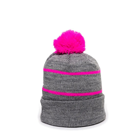 Outdoor Cap KNF-100 Striped Beanie with Black Fleece Lining & Pom Unisex Accessories Hats & Caps