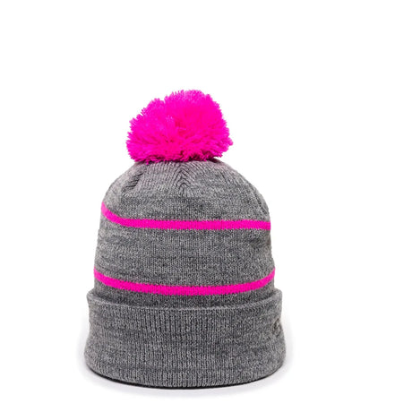 Outdoor Cap KNF-100 Striped Beanie with Black Fleece Lining & Pom Unisex Accessories Hats & Caps