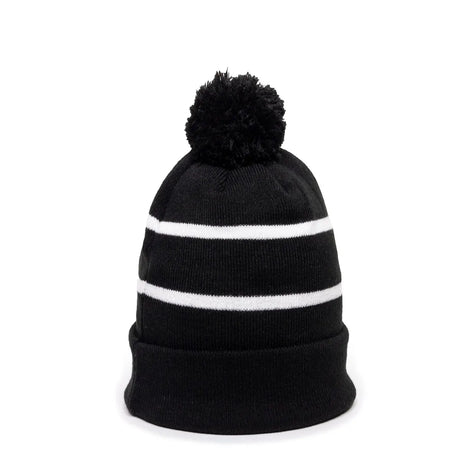 Outdoor Cap KNF-100 Striped Beanie with Black Fleece Lining & Pom Unisex Accessories Hats & Caps