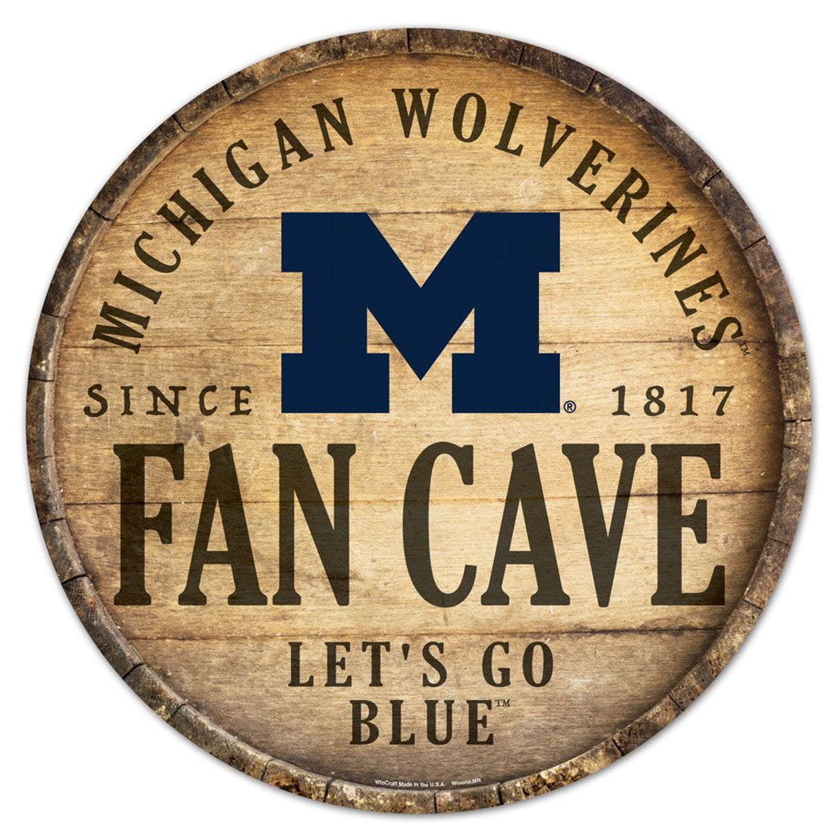 Wincraft Michigan Wolverines 14 Inch Round Barrel Top Design Wood Sign Fan Gear NCAA Michigan Wolverines