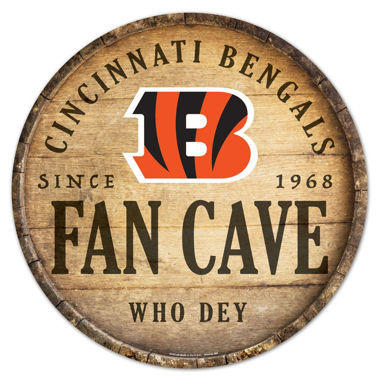 Wincraft Cincinnati Bengals 14 Inch Round Barrel Top Design Wood Sign Fan Gear NFL Cincinnati Bengals