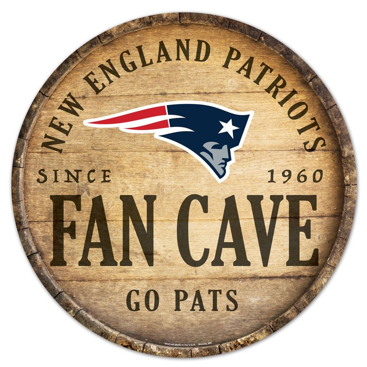 Wincraft New England Patriots 14 Inch Round Barrel Top Design Wood Sign Fan Gear NFL New England Patriots