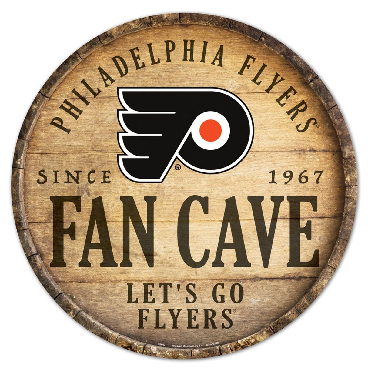 Wincraft Philadelphia Flyers 14 Inch Round Barrel Top Design Wood Sign - Special Order Fan Gear NHL Philadelphia Flyers