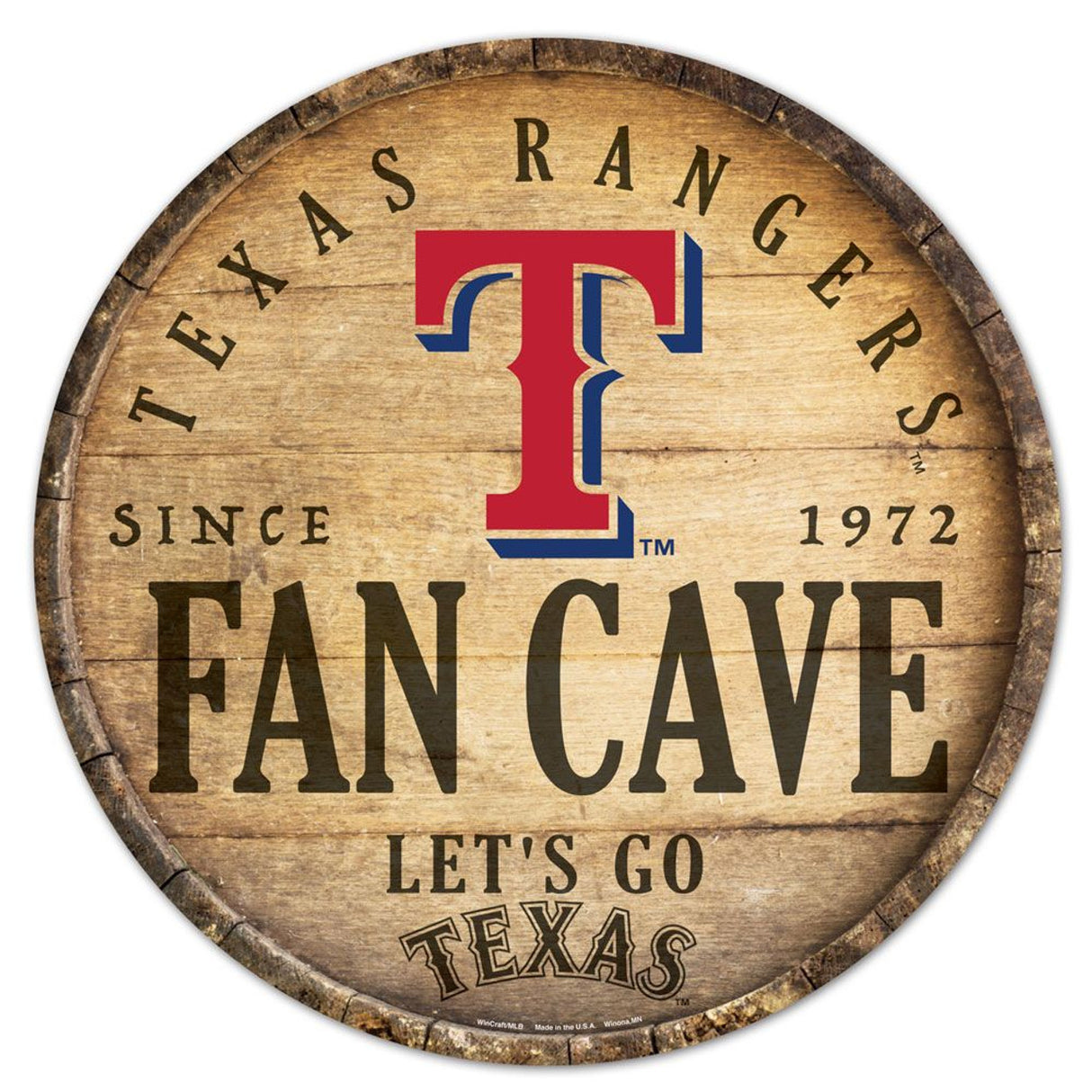 Wincraft Texas Rangers 14 Inch Round Barrel Top Design Wood Sign Fan Gear MLB Texas Rangers