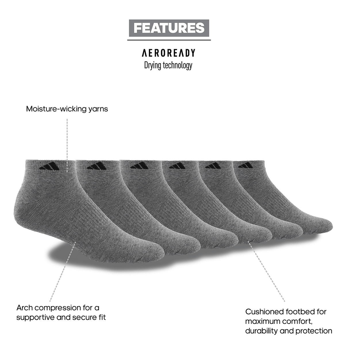 adidas Men's Athletic Cushioned Low Cut Socks 6-Pack Unisex Accessories Socks