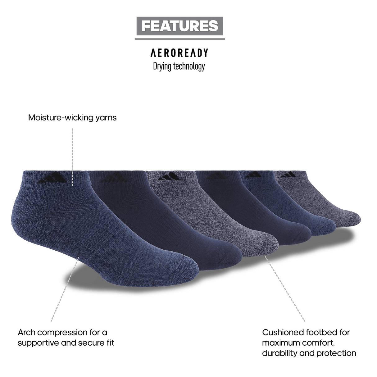 adidas Men's Athletic Cushioned Low Cut Socks 6-Pack Unisex Accessories Socks