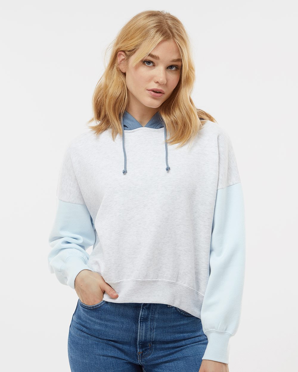 MV Sport Women's Sueded Fleece Colorblocked Crop Hooded Sweatshirt