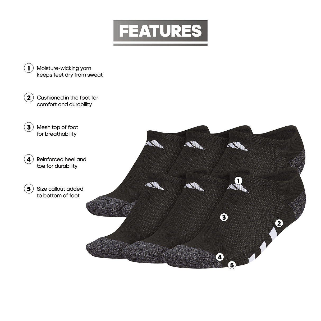 adidas Youth Athletic Cushioned 6-Pack No Show Sock-2