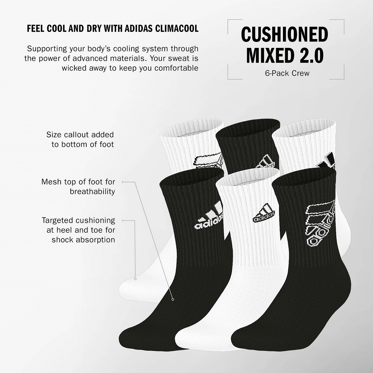 adidas Youth Cushioned Mixed 2.0 6-Pack Crew Sock-2