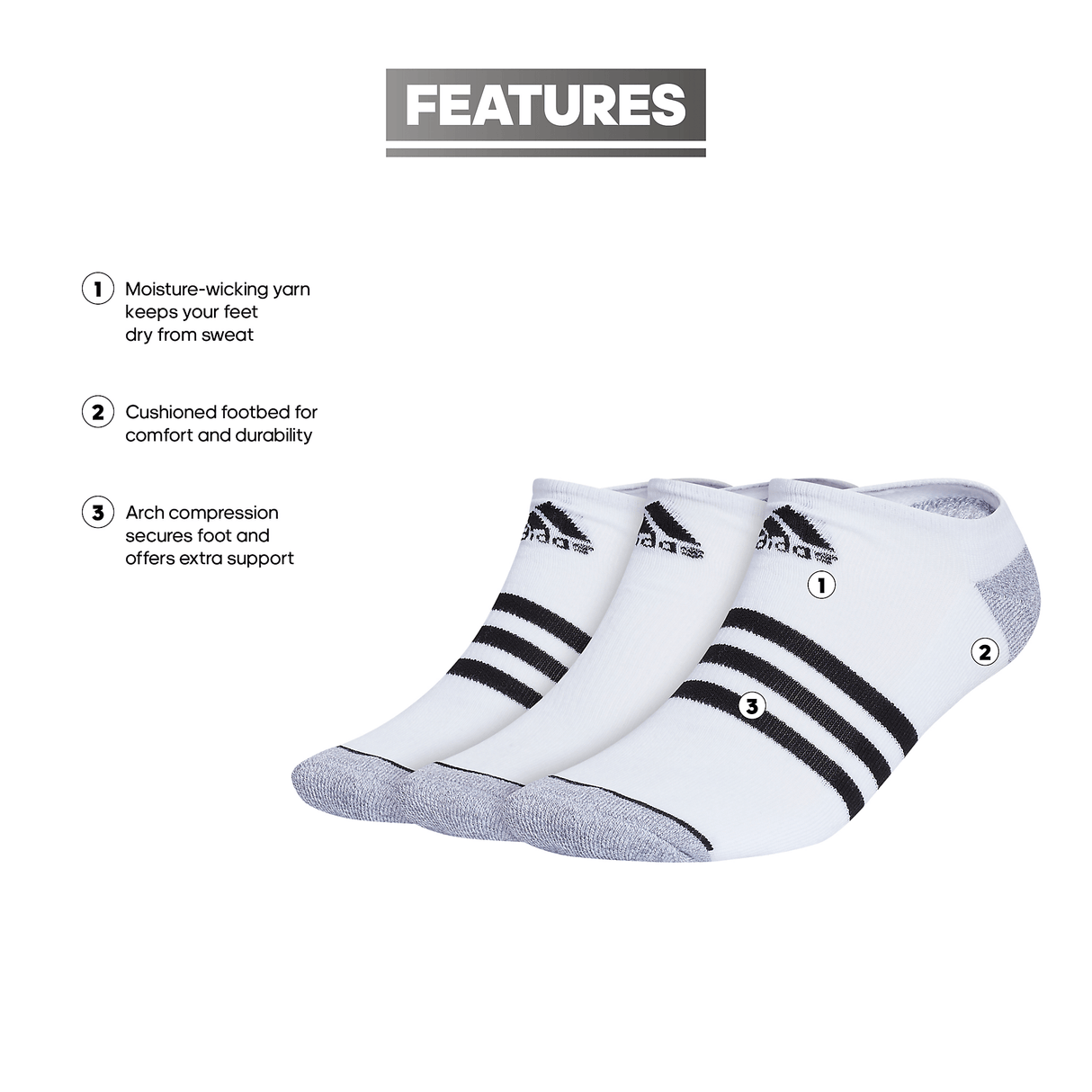 adidas Men's Cushioned 3-Stripe 3.0 3-Pack No Show Sock-2