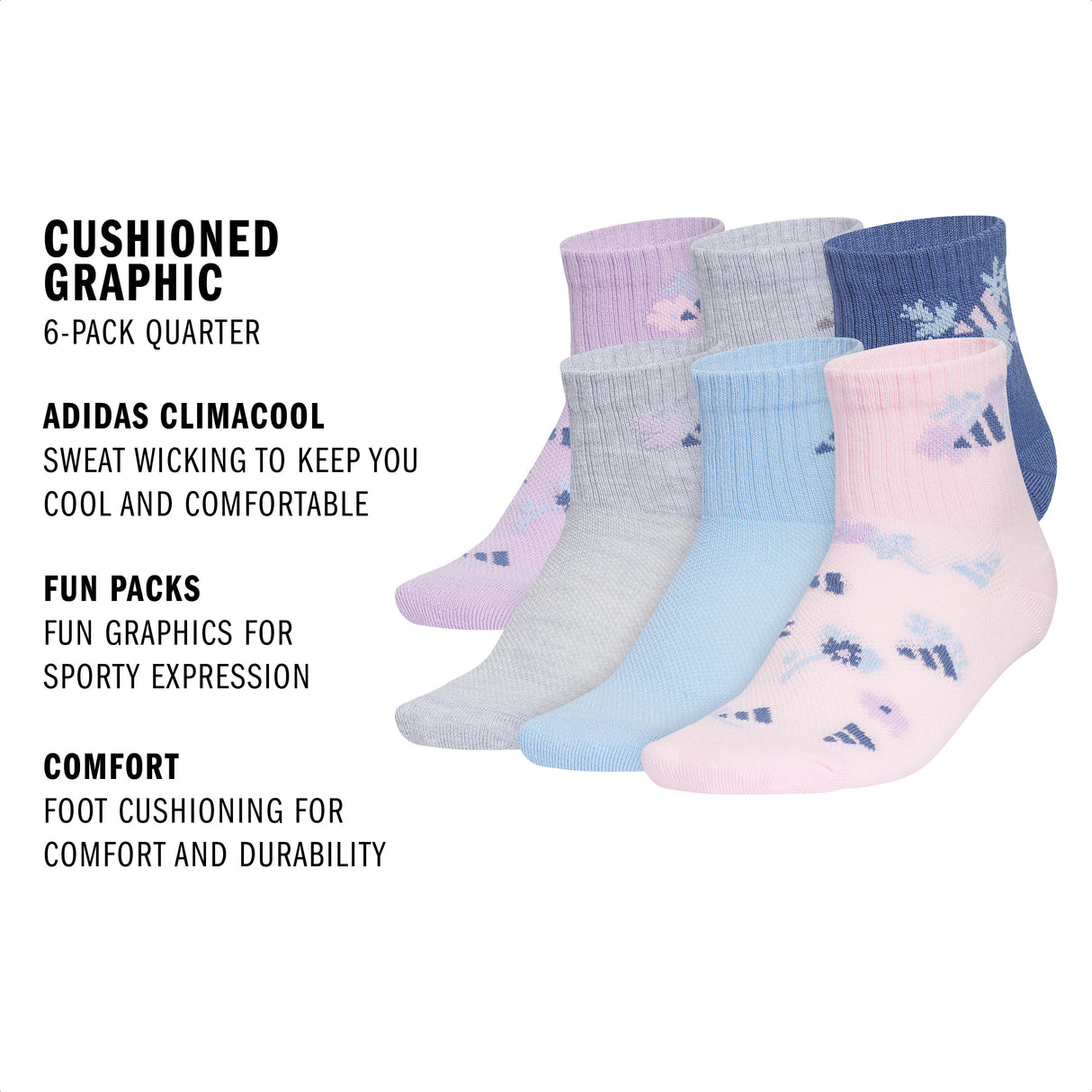 adidas Girl's Cushioned Graphic 6-Pack Quarter Sock-2