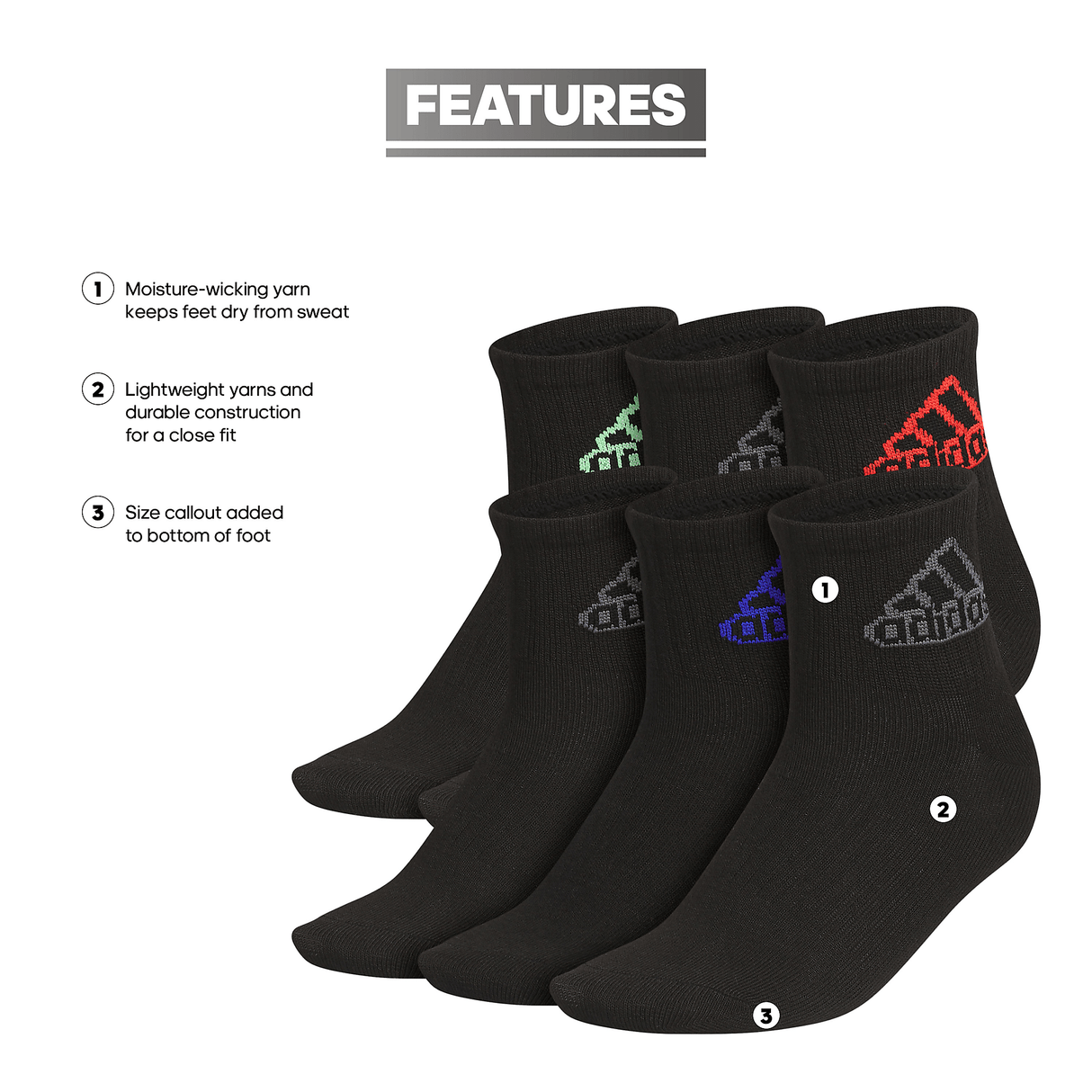 adidas Youth Superlite Classic 6-Pack Quarter Sock-2