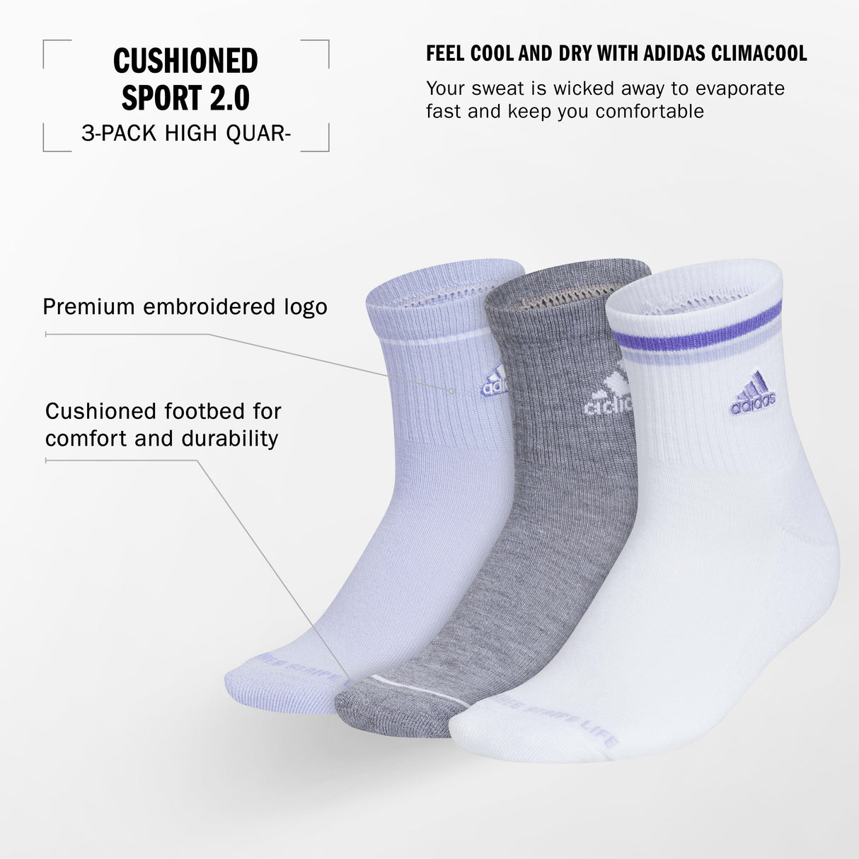 adidas Women's Cushioned Sport 2.0 3-Pack High Quarter Sock-2