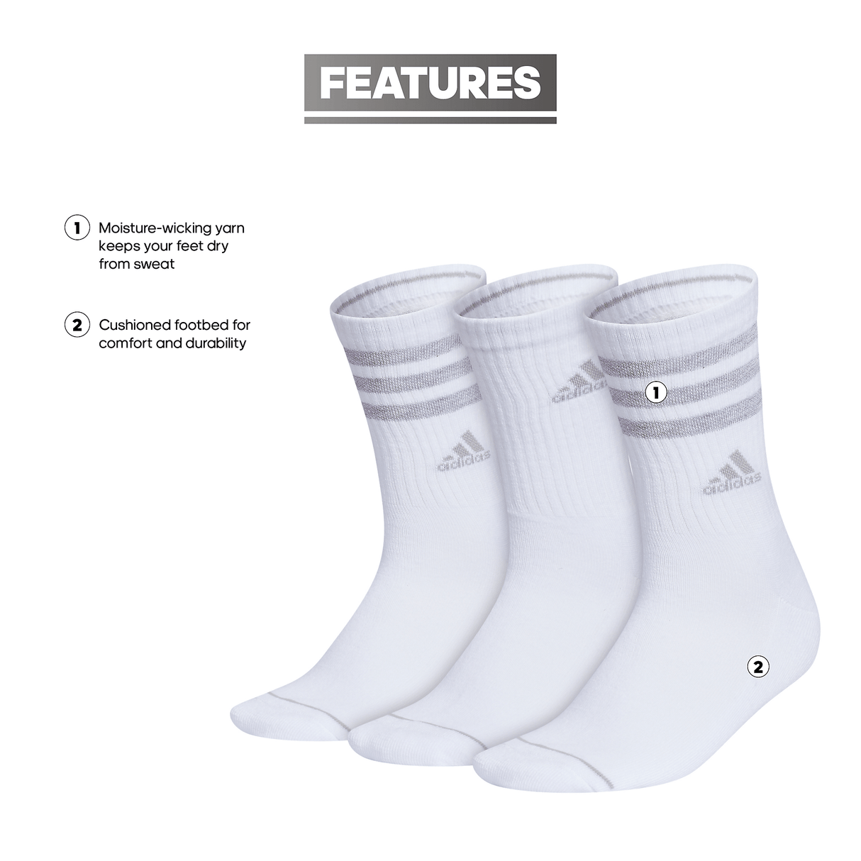 adidas Women's Cushioned 3-Stripe 3.0 3-Pack Crew Sock-2