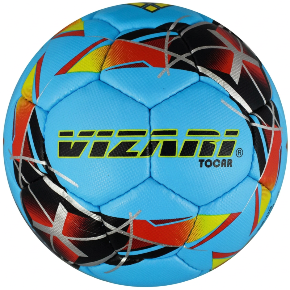 Blue Vizari Tocara premium bright colour textured hand stitched futsal soccer ball with vivid multicolored graphics.