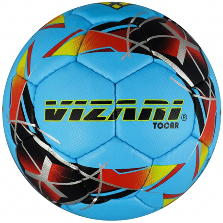 Blue Vizari Tocara premium bright colour textured hand stitched futsal soccer ball with vivid multicolored graphics.