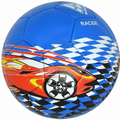 Blue Vizari Racer soccer ball featuring a red race car graphic and white checkered pattern