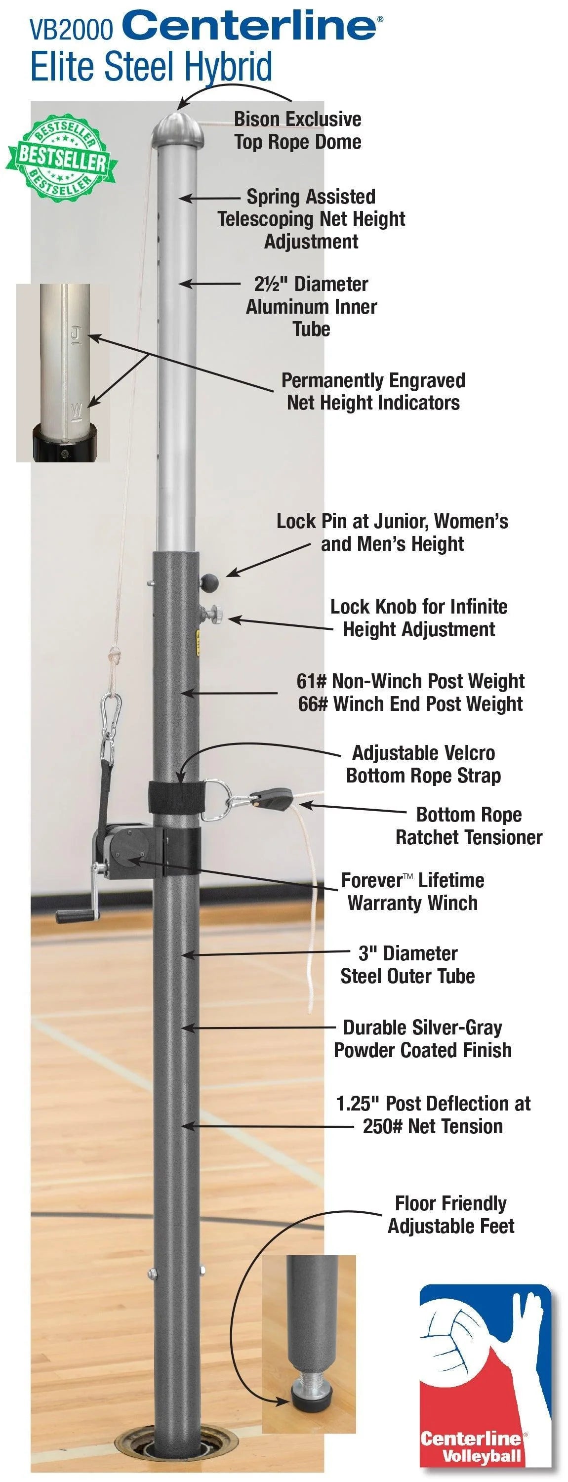 Bison Volleyball Centerline Elite Steel Hybrid System without Padding
