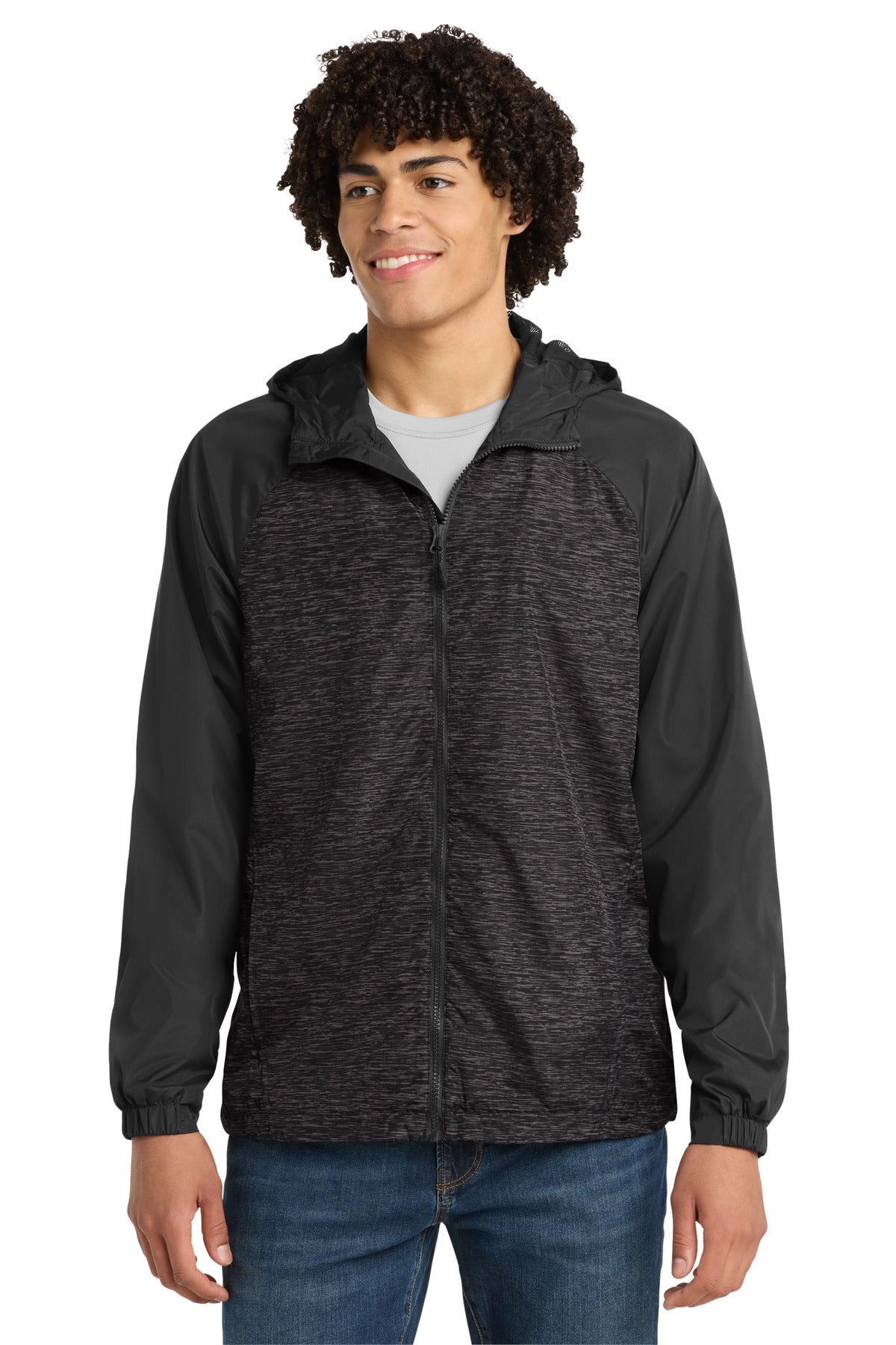 Sport-Tek Men's   Heather Colorblock Raglan Hooded Wind Jacket