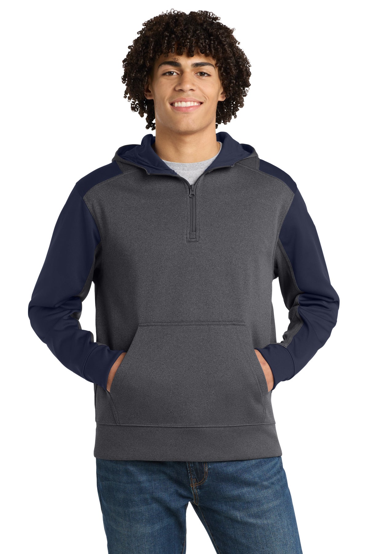 Sport-Tek Men's    Tech Fleece Colorblock 1/4-Zip Hooded Sweatshirt