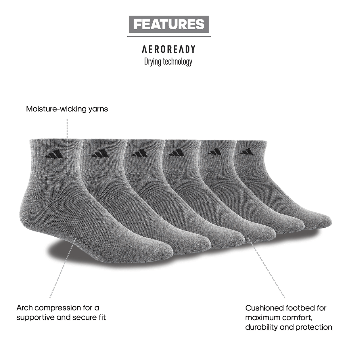 adidas Men's Athletic Cushioned 6-Pack Quarter Sock-2